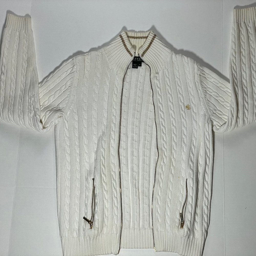 Lauren Ralph Lauren Cable Zip Sweater Size Small Cotton Womens White